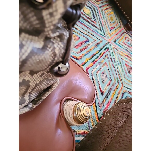 Vintage Furla Python Embossed Draw Leather Hand Bag Excell. Cond. Brown Neutral - Picture 5 of 12